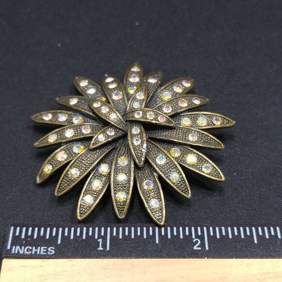 Vintage Flower Rhinestone Brooch, Bronze Tone, AB Rhinestones, 1990, 2 1/2 Inch - Picture 5 of 5